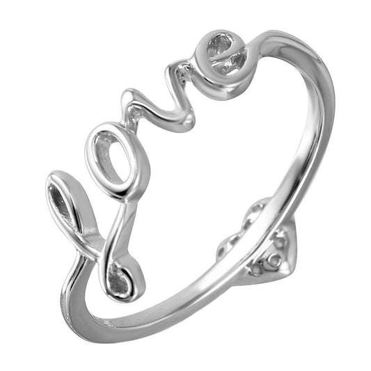 Rhodium Plated Sterling Silver 925 LOVE With Heart CZ Ring Band Sizes 5-9