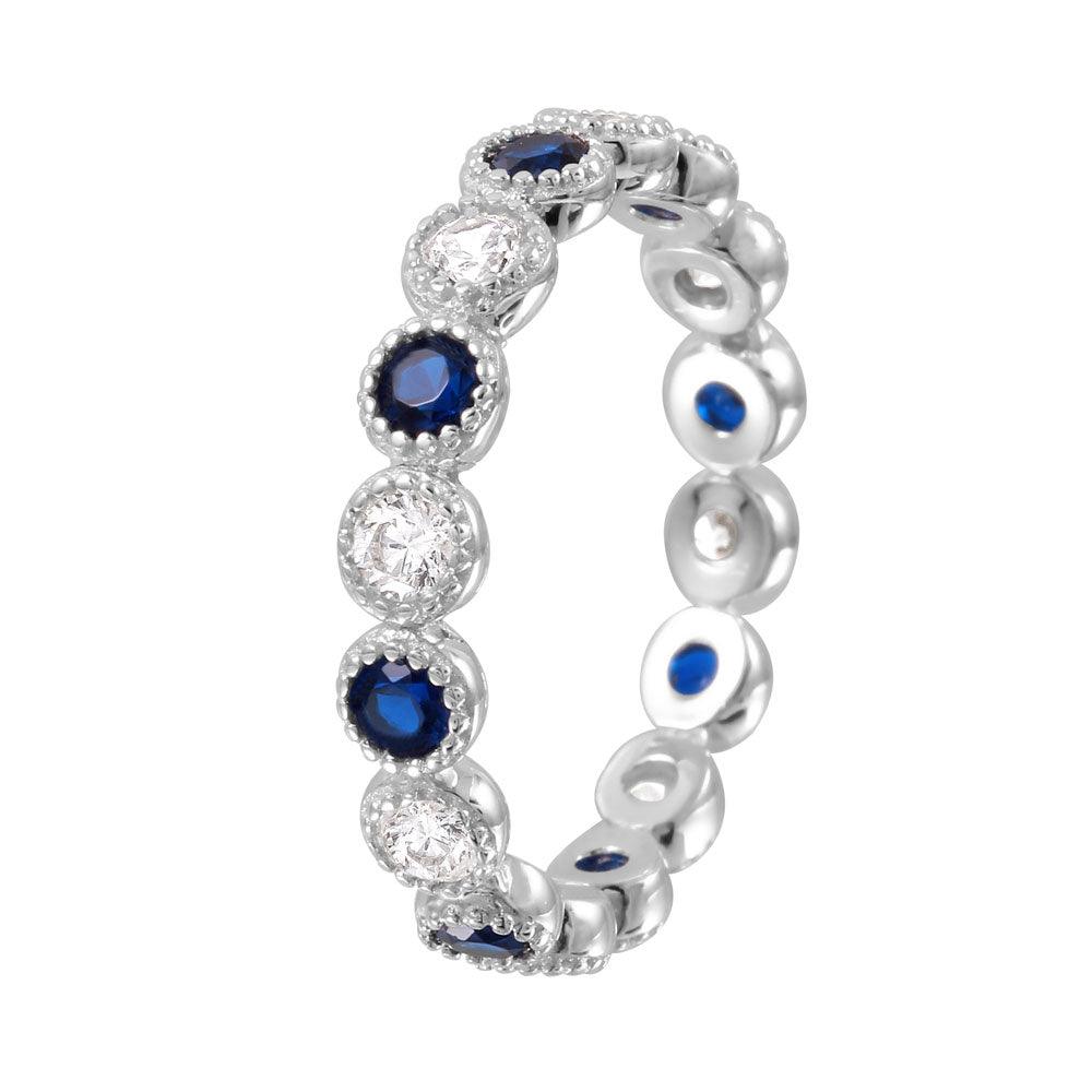 Rhodium Plated Sterling Silver 925 Eternity Stackable Blue CZ Ring Sizes 5-9