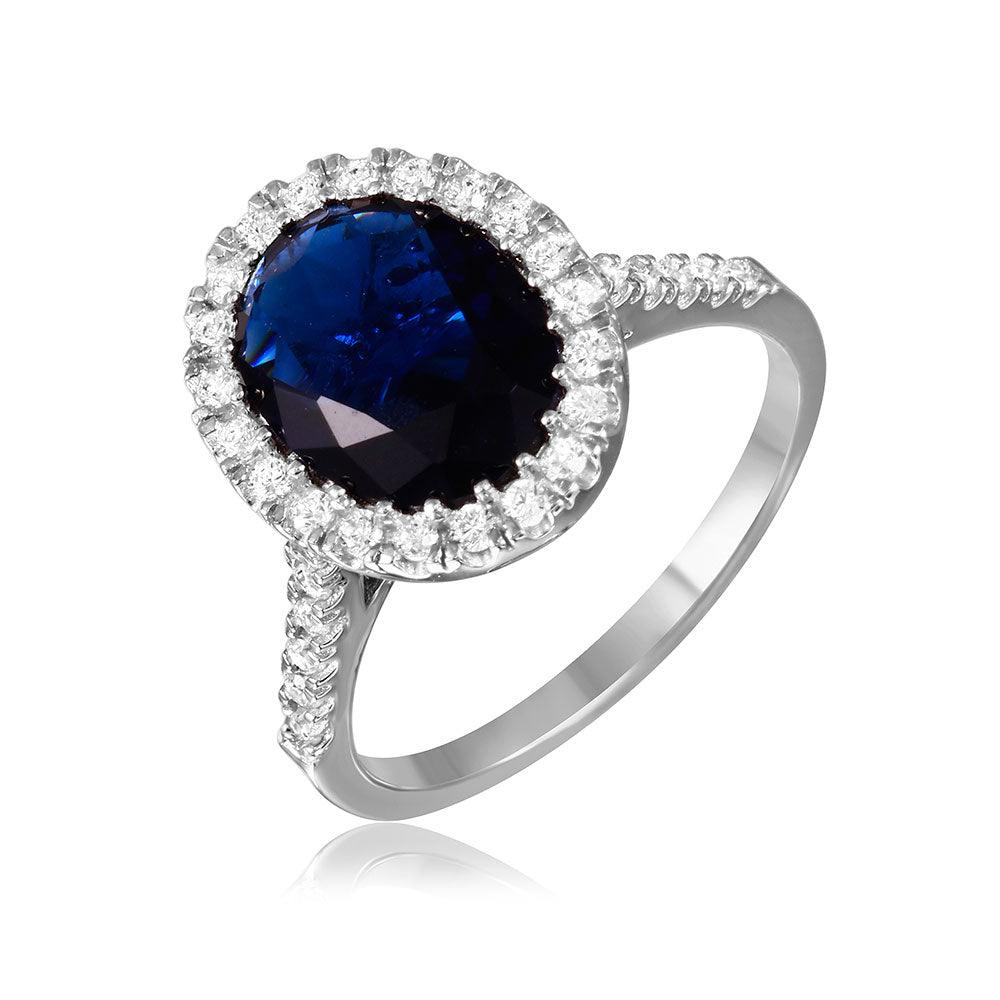 Rhodium Plated Sterling Silver 925 Blue Oval Halo Ring CZ Band Sizes 5-9