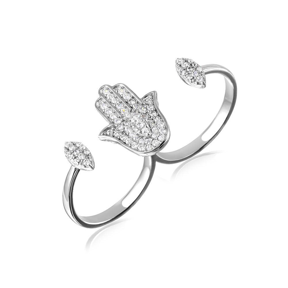 Rhodium Plated Sterling Silver 925 CZ Hamsa Handcuff Double Ring Band Sizes 8-8