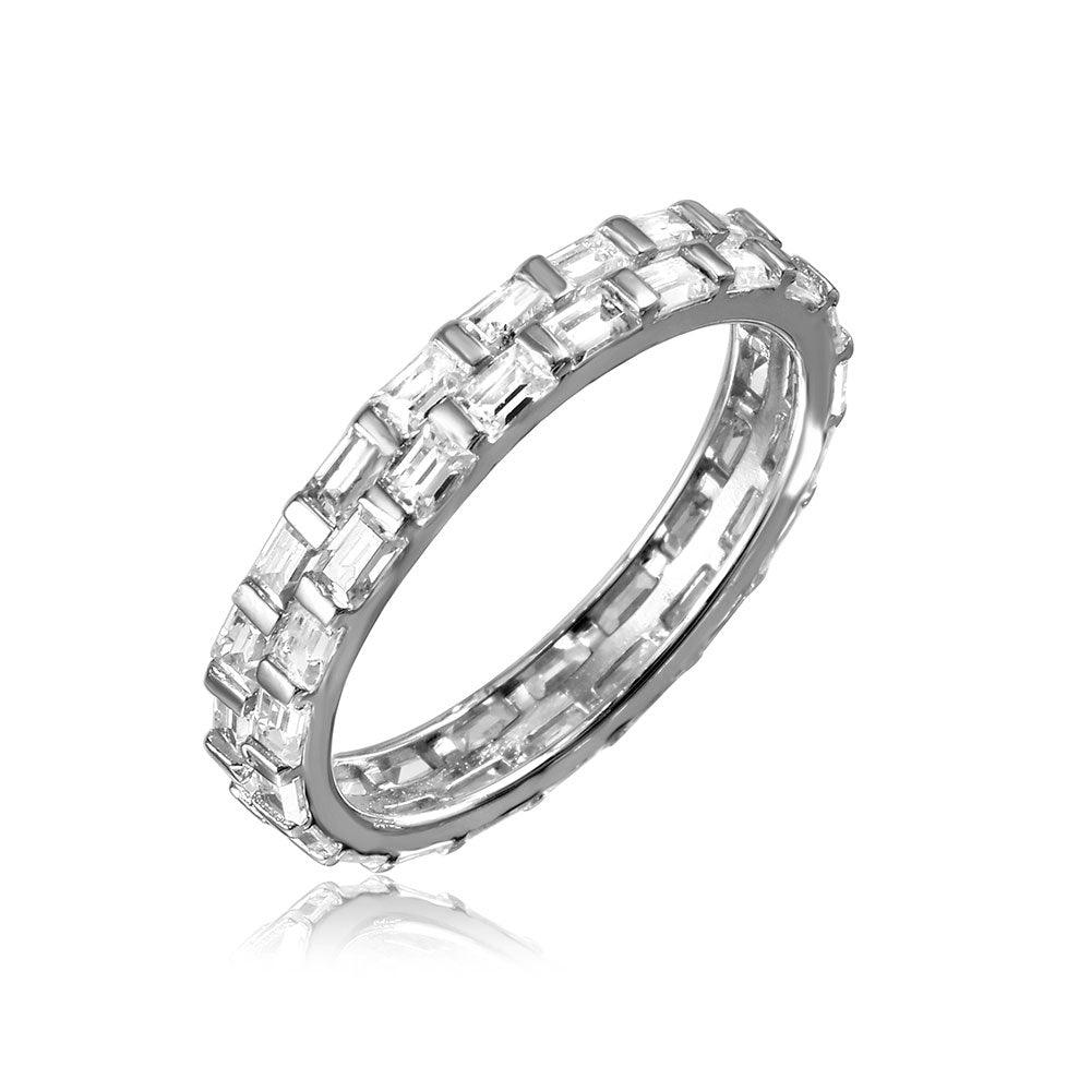 Rhodium Plated Sterling Silver 925 Baguette CZ Double Band Ring Sizes 5-9