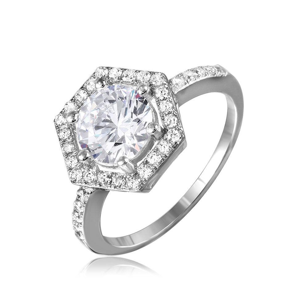 Rhodium Plated Sterling Silver 925 Octogon Design CZ Halo Ring Band Sizes 5-9