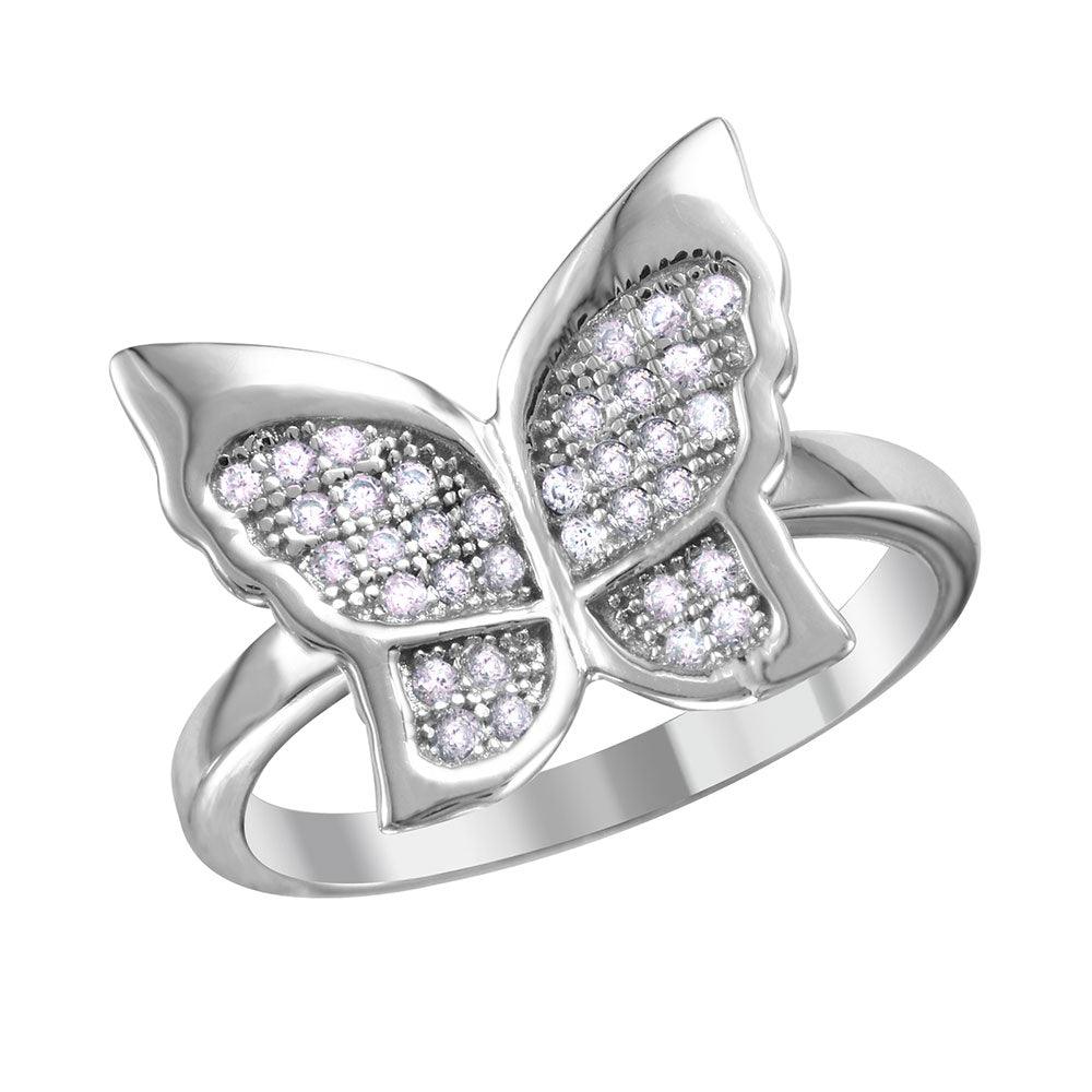 Rhodium Plated Sterling Silver 925 Butterfly Ring Micro Pave CZ Band Sizes 5-9