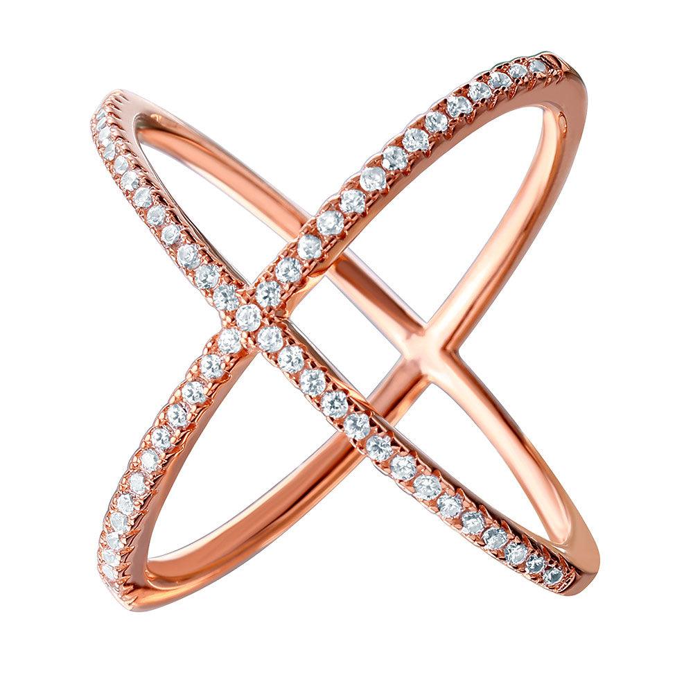 Nickel Free Rose Gold Plated Sterling Silver 925 CZ Criss Cross Ring Sizes 5-9