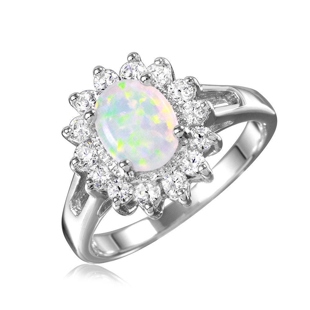 Rhodium Plated Sterling Silver 925 Oval Halo Ring Synthetic Opal Band Sizes 5-9