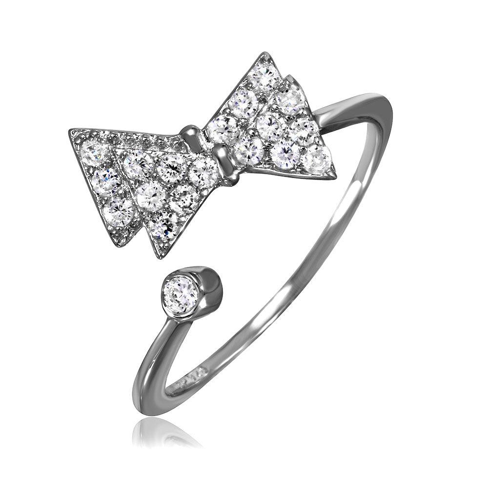 Rhodium Plated Sterling Silver 925 Clear CZ Bow Adjustable Ring Band Sizes 5-9