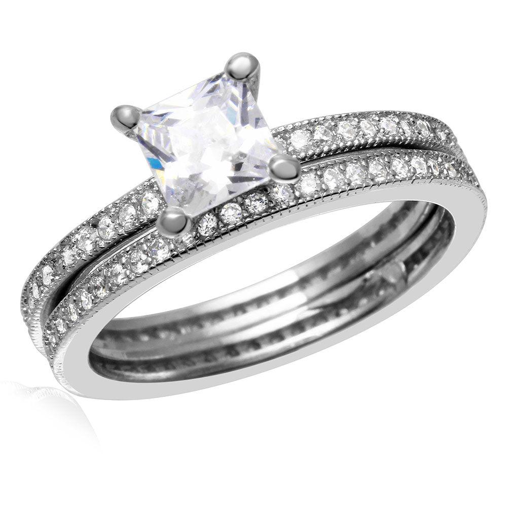 Rhodium Plated Sterling Silver 925 Square CZ Bridal Wedding Ring Set Sizes 5-9