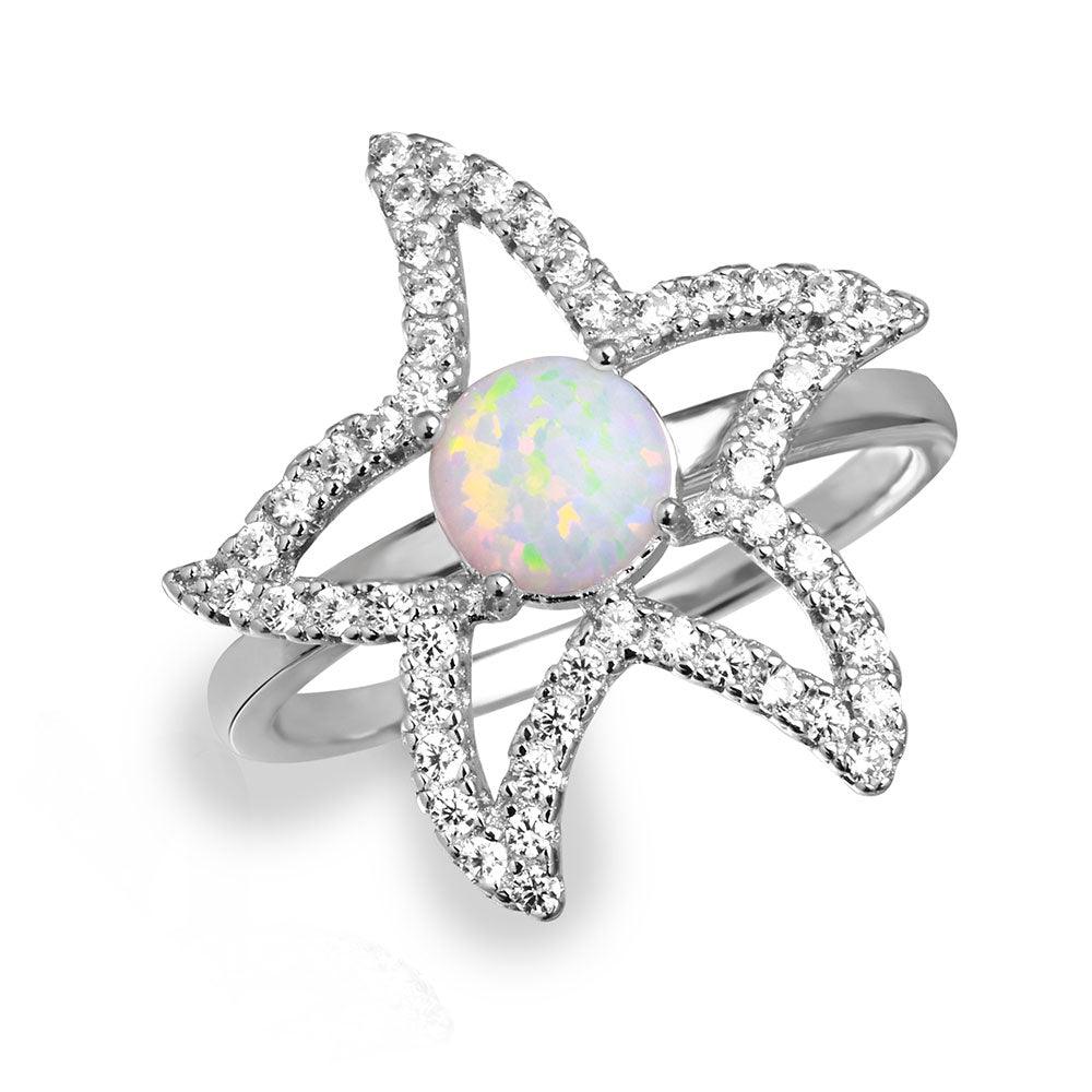Rhodium Plated Sterling Silver 925 Starfish Ring Synthetic Opal CZ Sizes 5-9