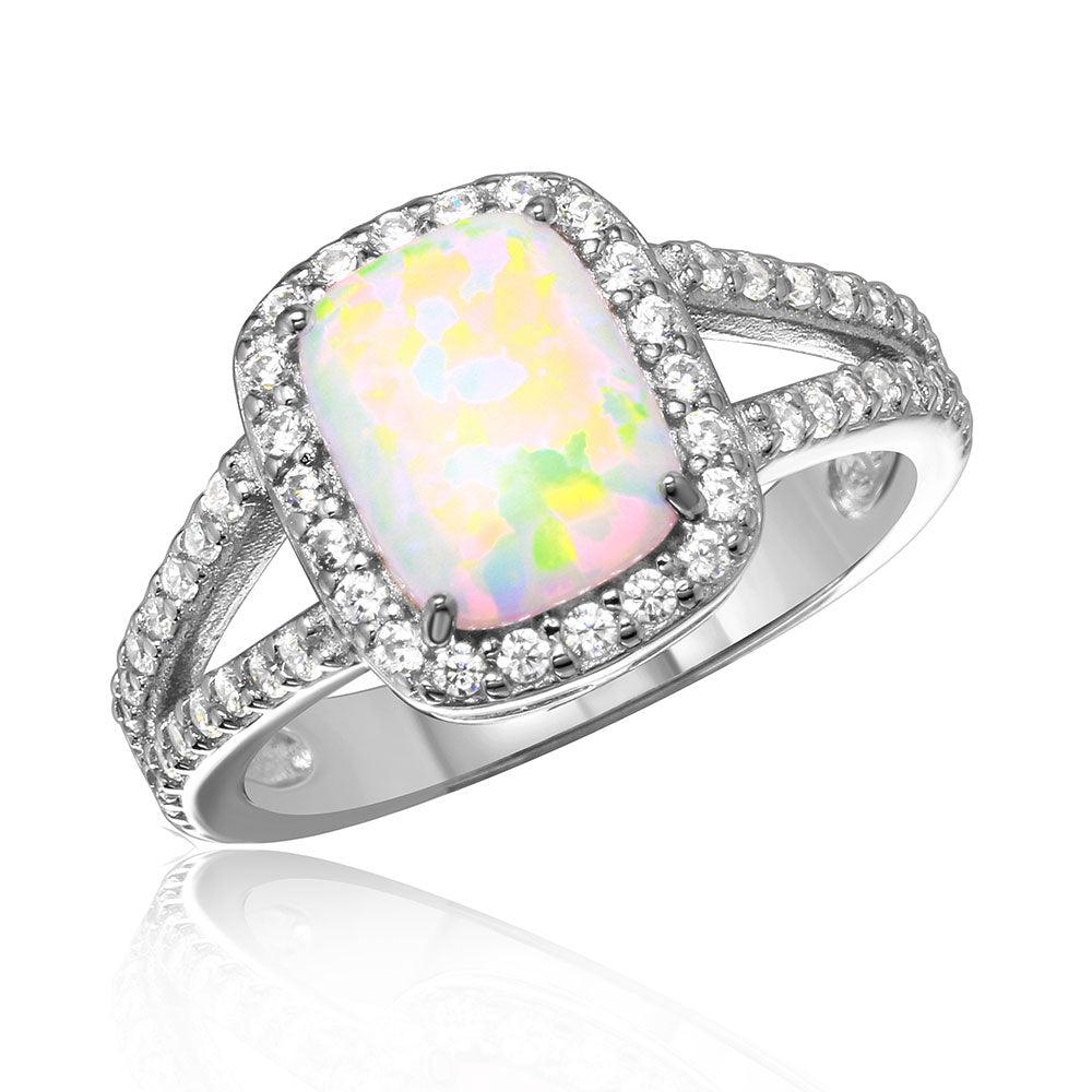 Sterling Silver 925 Rhodium Plated Ring Baguette Synthetic Opal CZ Sizes 5-9