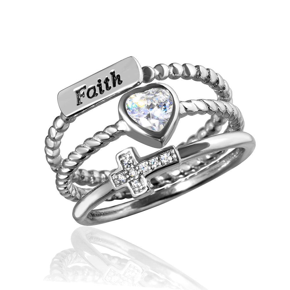 Rhodium Plated Sterling Silver 925 Triple Band Faith Heart Cross Ring Sizes 5-9
