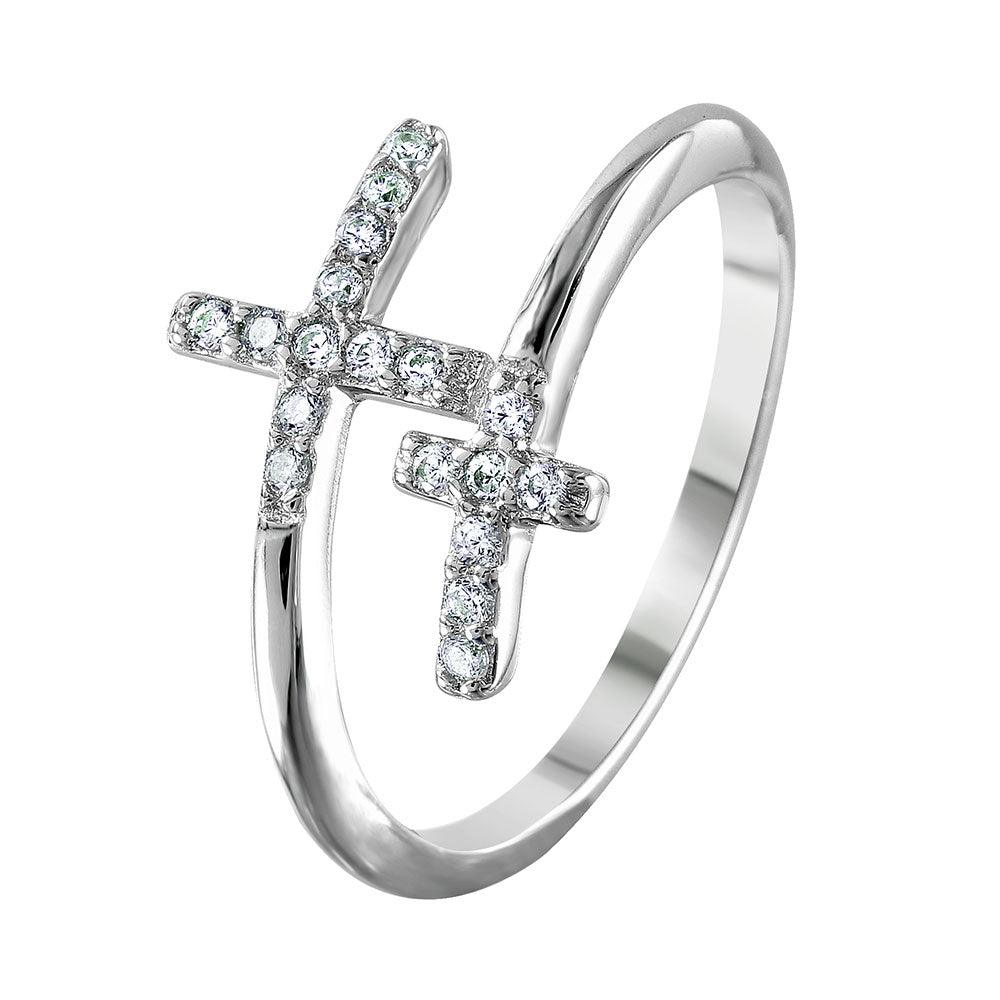 Rhodium Plated Sterling Silver 925 Double CZ Cross Ring Faith Band Sizes 5-9