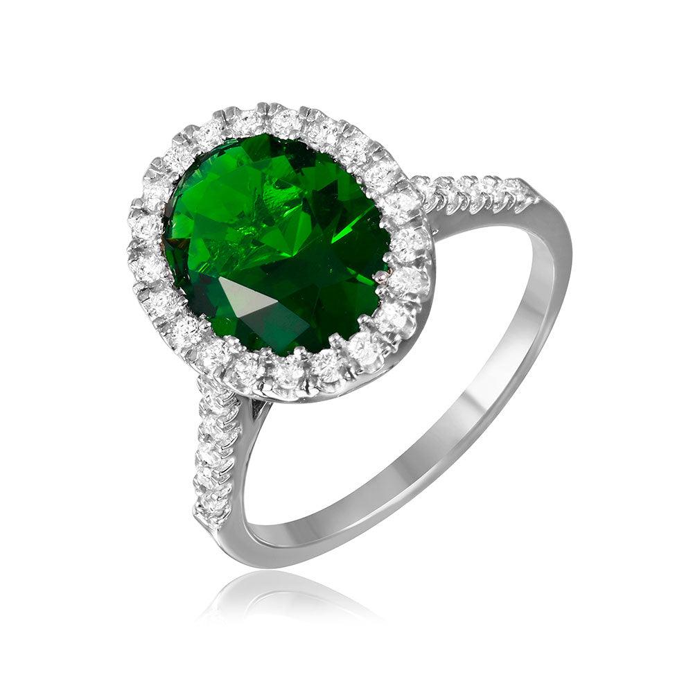 Rhodium Plated Sterling Silver 925 Green Oval Halo Ring CZ Band Sizes 5-9