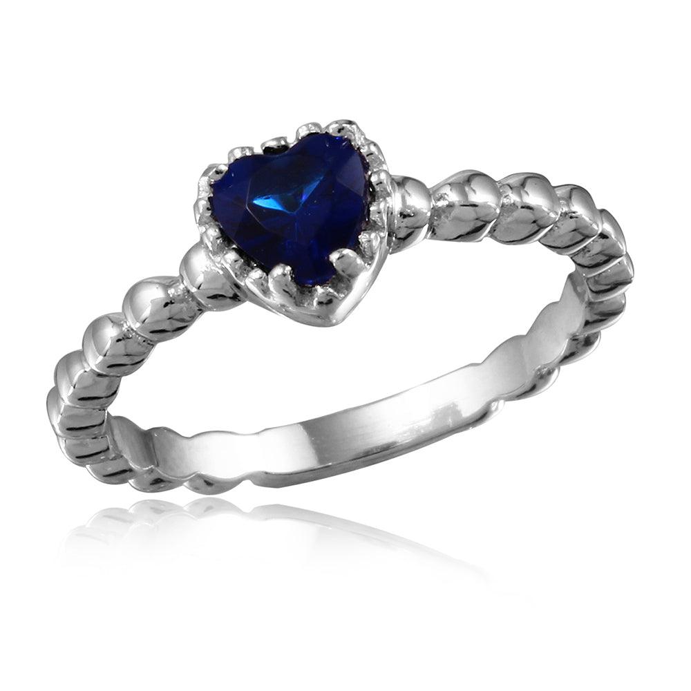 Rhodium Plated Sterling Silver 925 Beaded Band Blue Heart CZ Ring Band Sizes 5-9