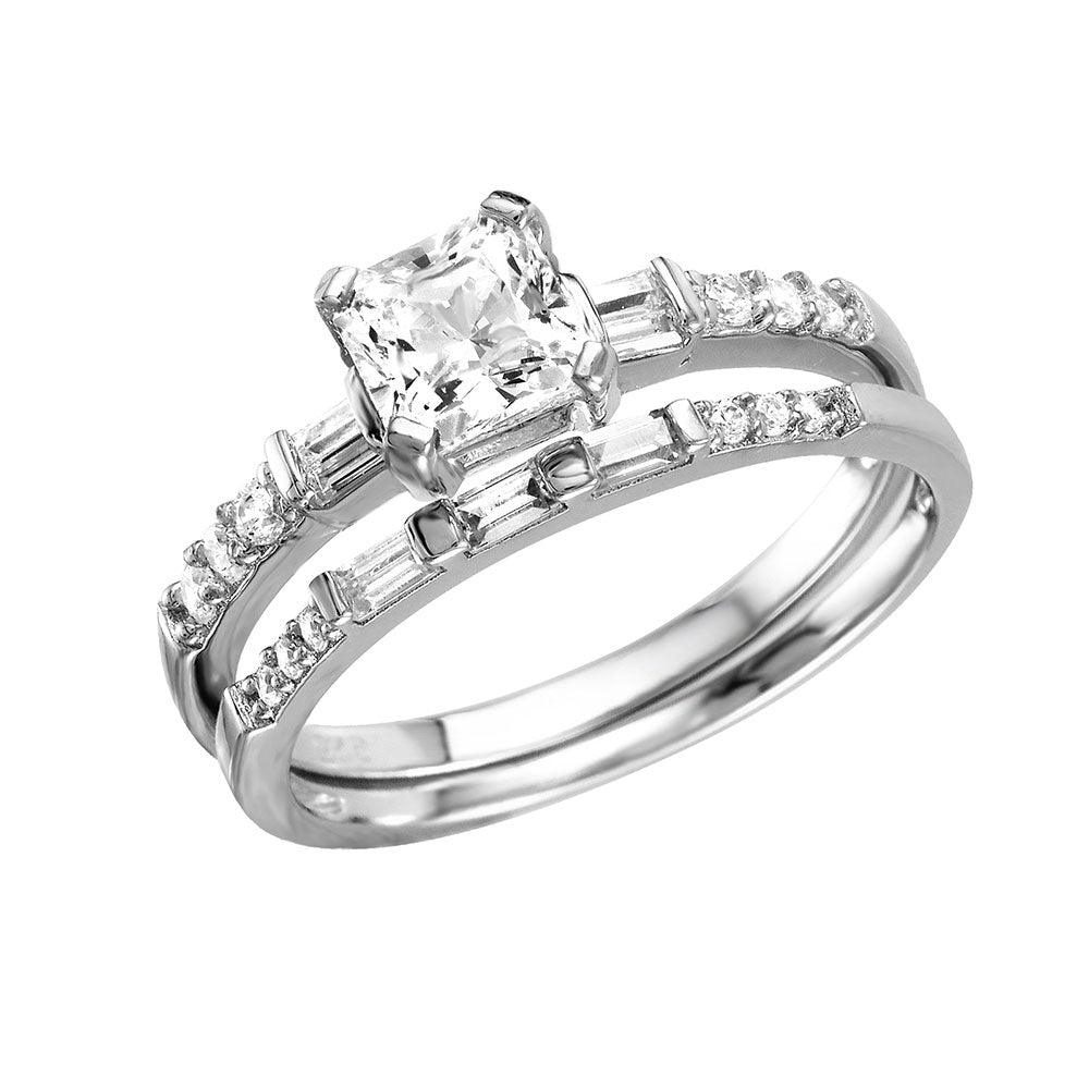 Rhodium Plated Sterling Silver 925 Square Center Baguette CZ Ring Band Sizes 5-9