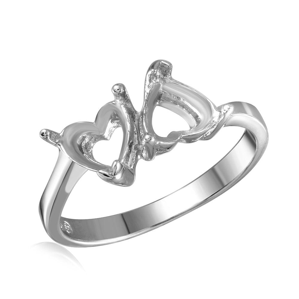 Rhodium Plated Sterling Silver 925 Double Heart Mounting Ring Band Sizes 5-9