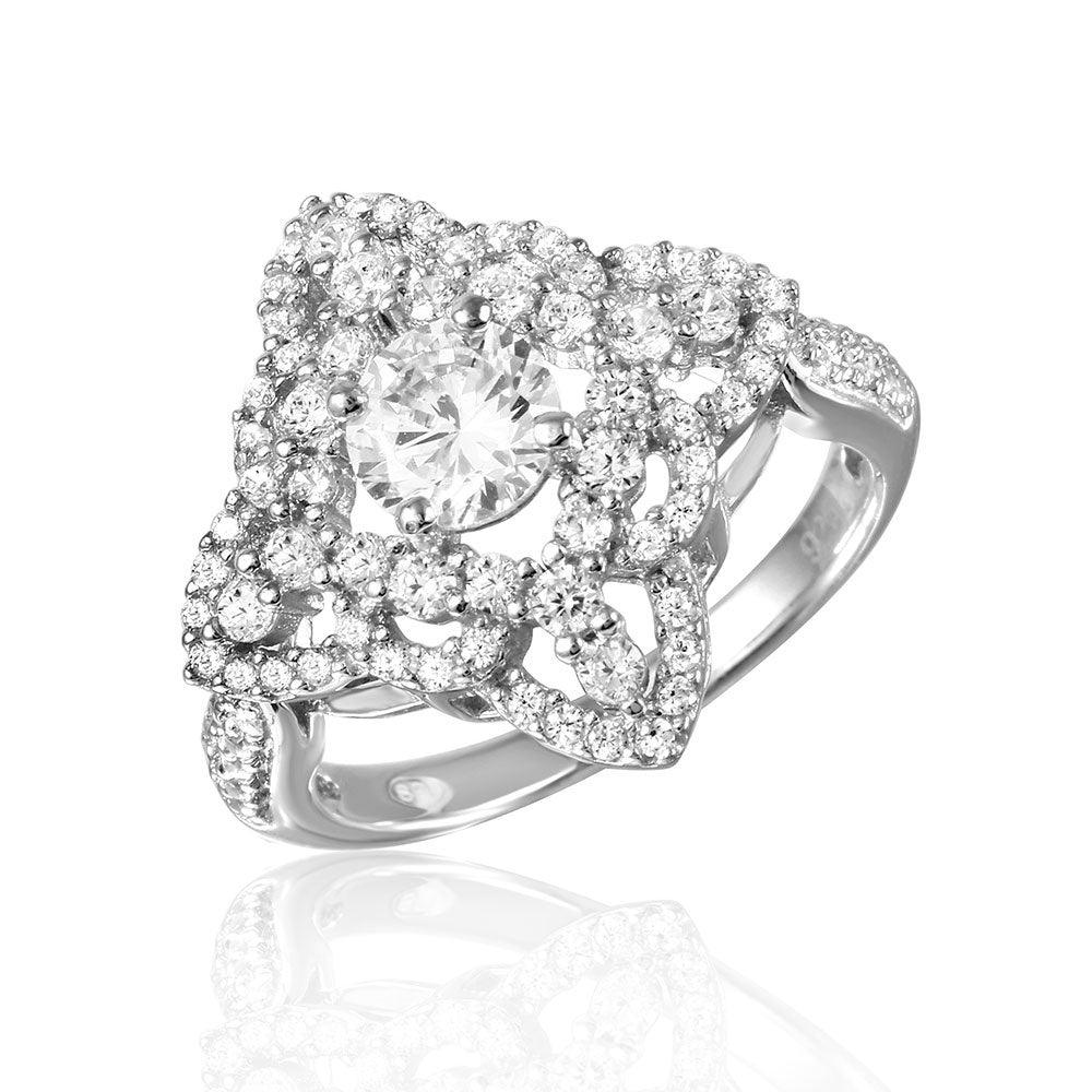 Rhodium Plated Sterling Silver 925 Diamond-Shape Ring Encrusted CZ Sizes 5-9