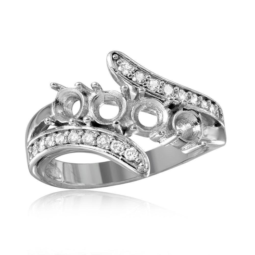 Rhodium Plated Sterling Silver 925 3 Row CZ 4 Round Mounting Ring Band Sizes 5-9