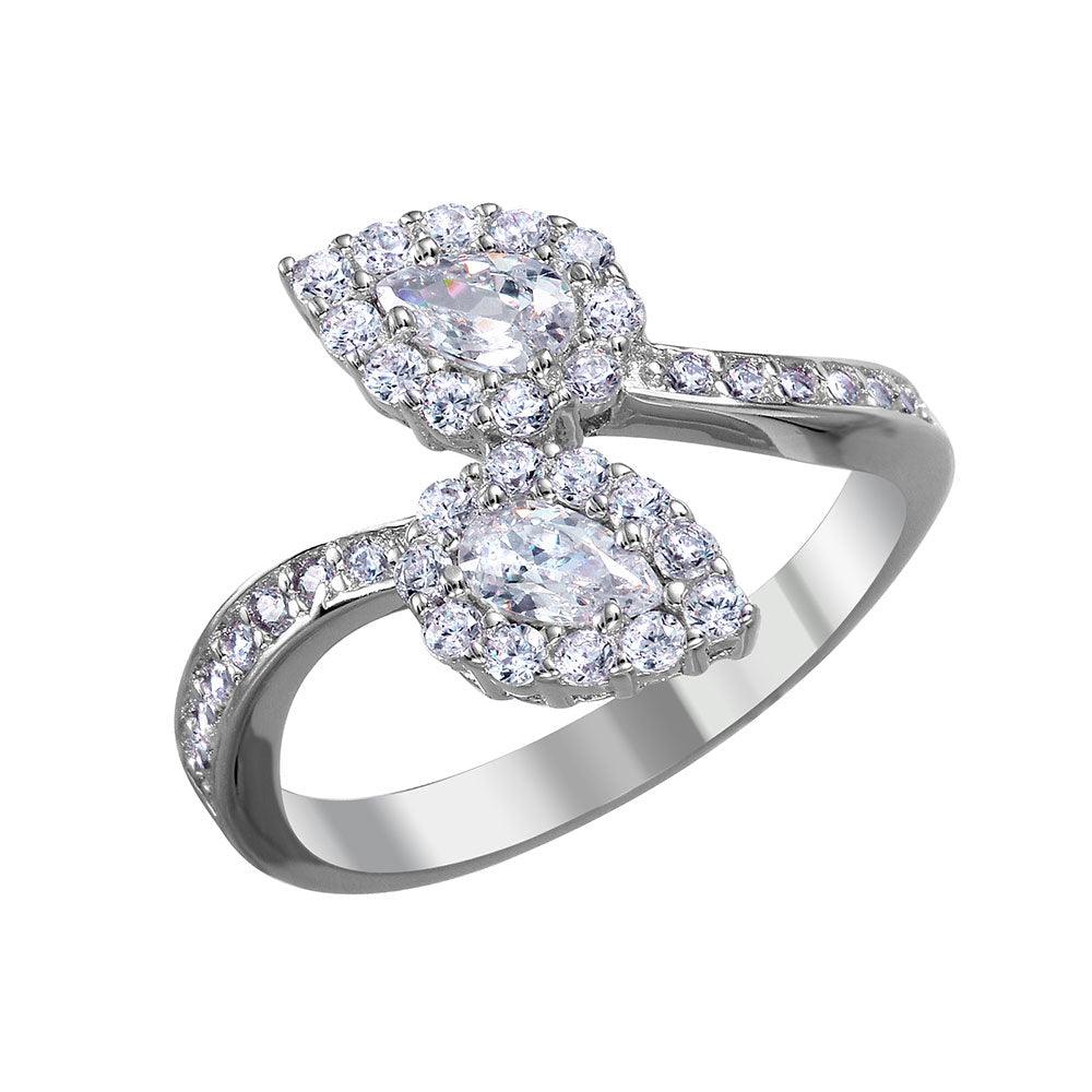 Rhodium Plated Sterling Silver 925 Open End Teardrop Clear CZ Ring Sizes 5-9