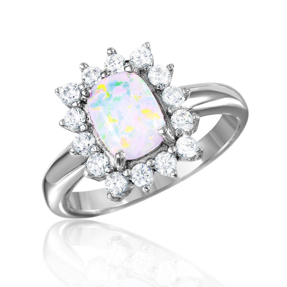 Sterling Silver 925 Rhodium Plated Halo Ring Synthetic Opal Center Sizes 5-9