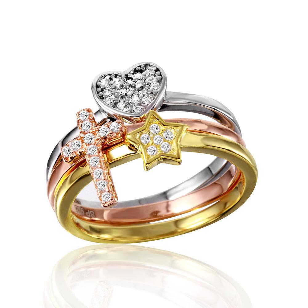 Gold Plated Sterling Silver 925 3 Toned Band Cross Star Heart Clear CZ Sizes 5-9
