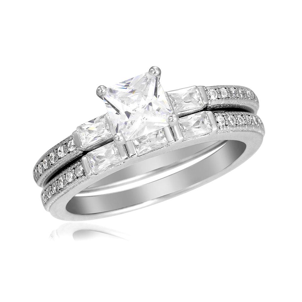 Rhodium Plated Sterling Silver 925 Wedding Clear CZ Ring Set Band Sizes 5-9