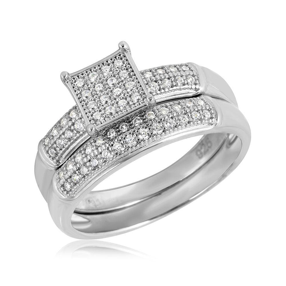 Polished Rhodium Plated Sterling Silver 925 Square Bridal Ring CZ Band Sizes 5-9