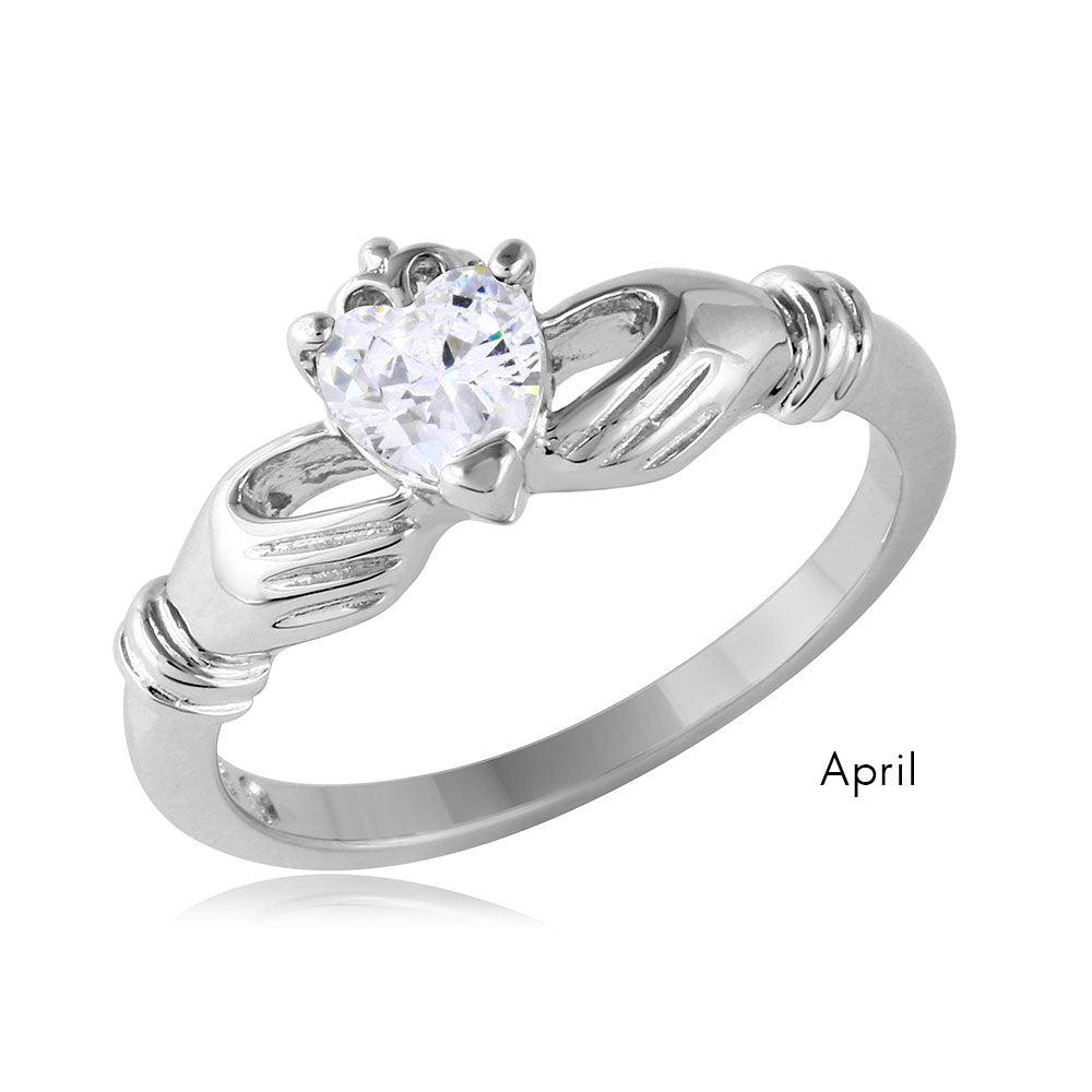 Rhodium Plated Sterling Silver 925 Simulated April CZ Claddagh Ring Sizes 5-9