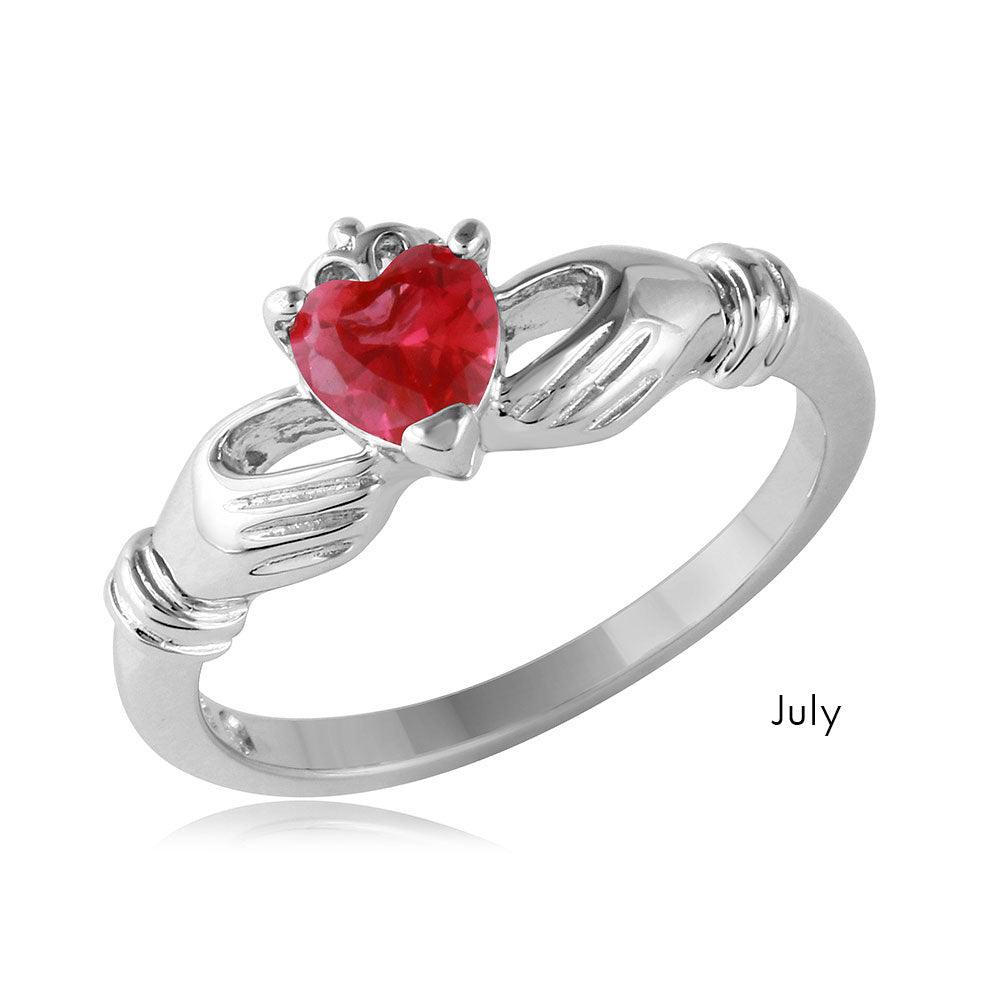 Rhodium Plated Sterling Silver 925 Simulated July CZ Claddagh Ring Sizes 5-9