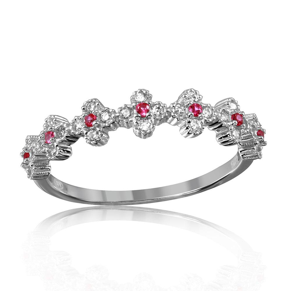 Sterling Silver 925 Rhodium Plated Lucky Clover Band Red & Clear CZ Sizes 5-9