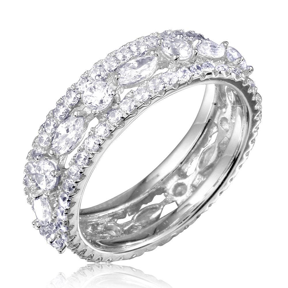Polished Rhodium Plated Sterling Silver 925 Band Encrusted Clear CZ Sizes 5-9