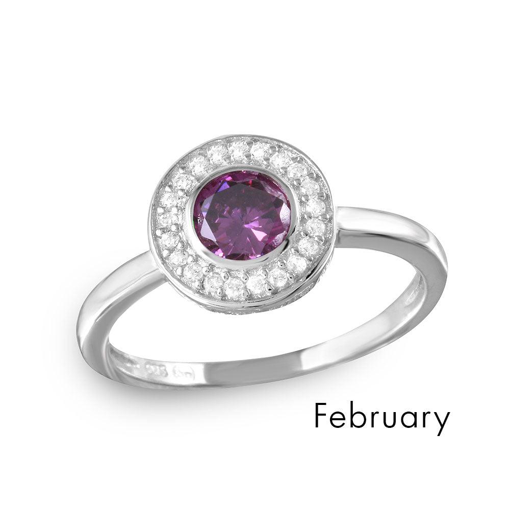 Rhodium Plated Sterling Silver 925 Simulated February CZ Halo Ring Sizes 5-9