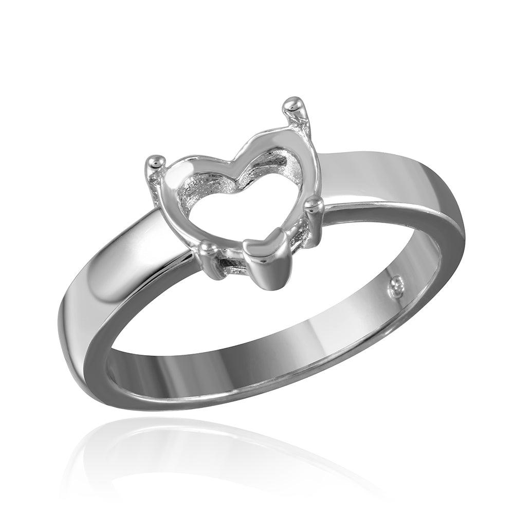Polished Rhodium Plated Sterling Silver 925 Heart Mounting Ring Band Sizes 5-9