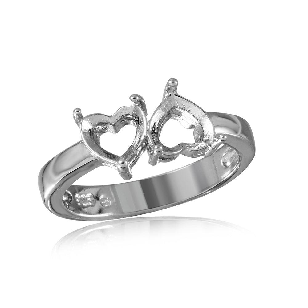 Rhodium Plated Sterling Silver 925 Double Hearts Mounting Ring Band Sizes 5-9