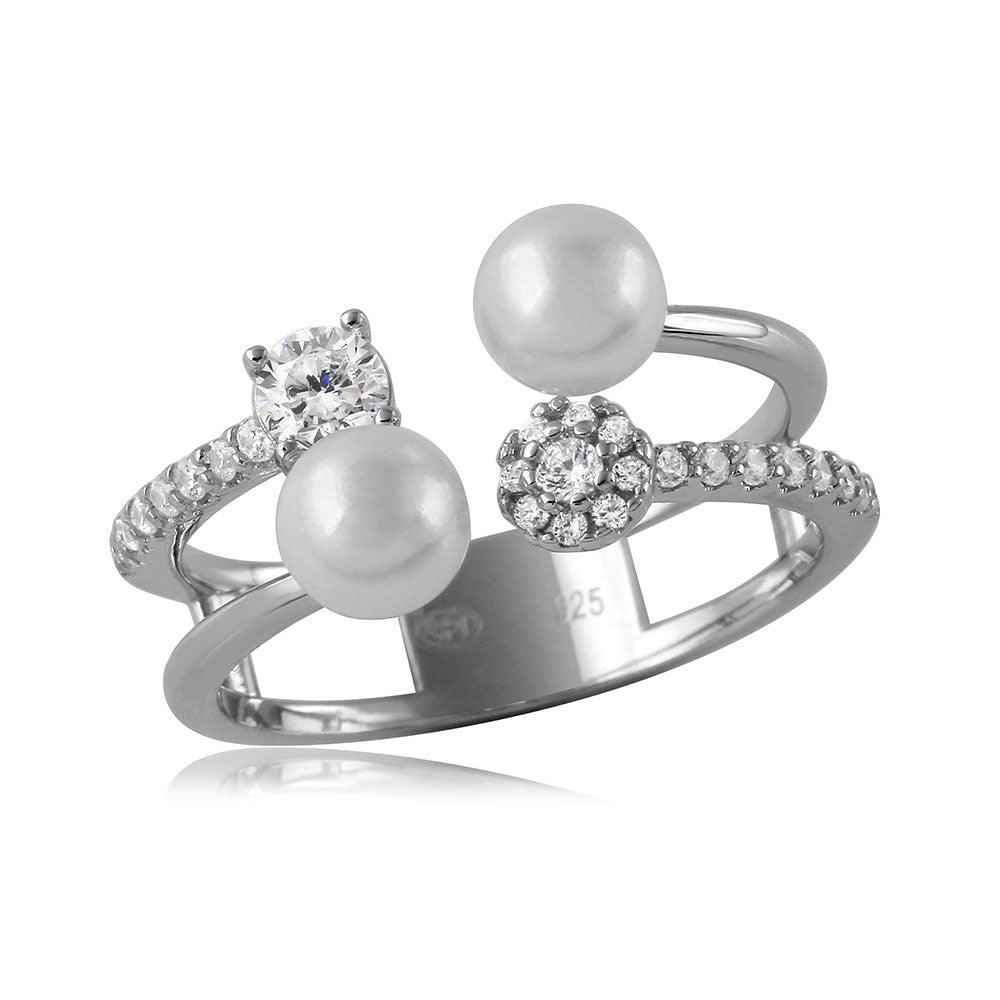 Rhodium Plated Sterling Silver 925 Clear CZ Simulated Pearl Ring Band Sizes 6-8