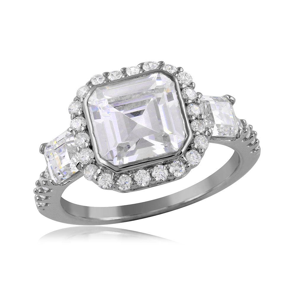 Rhodium Plated Sterling Silver 925 Princess Cut Halo CZ Ring Band Sizes 5-9