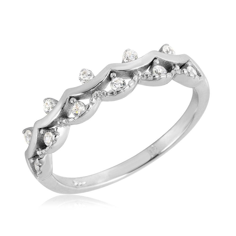 High Polished Rhodium Plated Sterling Silver 925 Crown Ring CZ Band Sizes 5-9