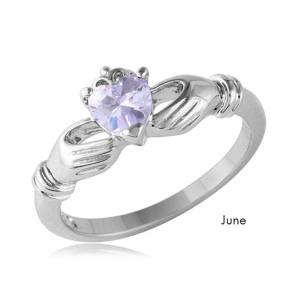 June Sterling Silver 925 Rhodium Plated Lavender CZ Claddagh Ring Sizes 5-9