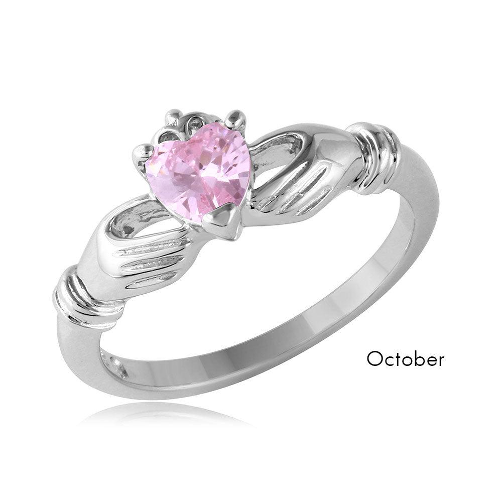 Sterling Silver 925 Rhodium Plated October CZ Simulated Claddagh Ring Sizes 5-9