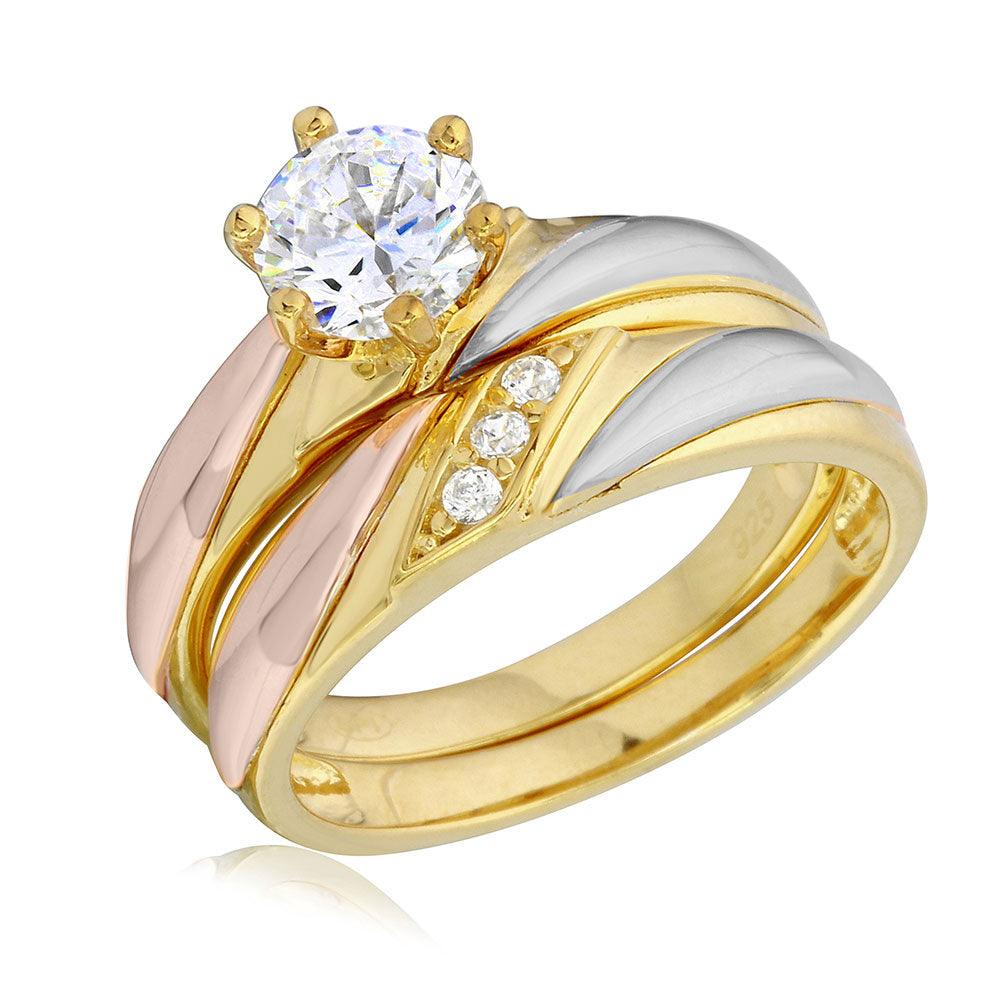 Three-Tone 925 Gold Plated Sterling Silver Overlap CZ Wedding Ring Sizes 5-9