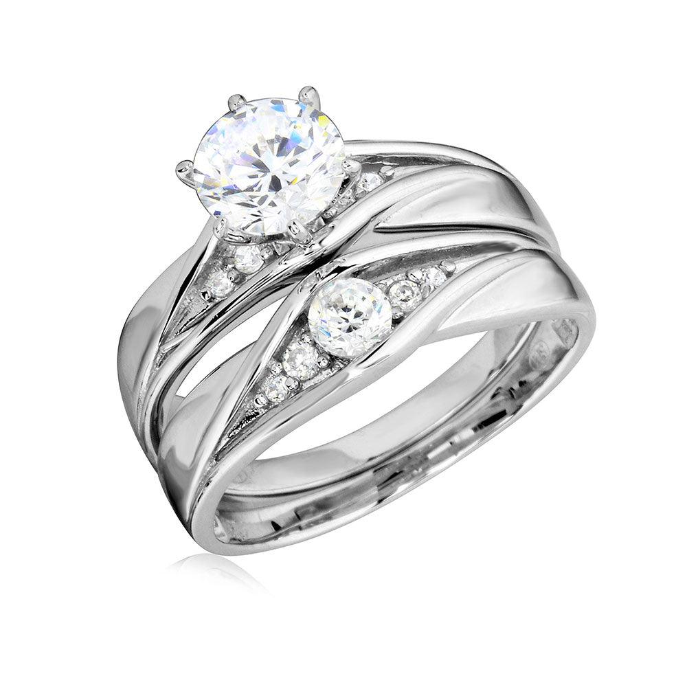Rhodium Plated 925 Sterling Silver Round Clear CZ Wedding Ring Band Sizes 5-9