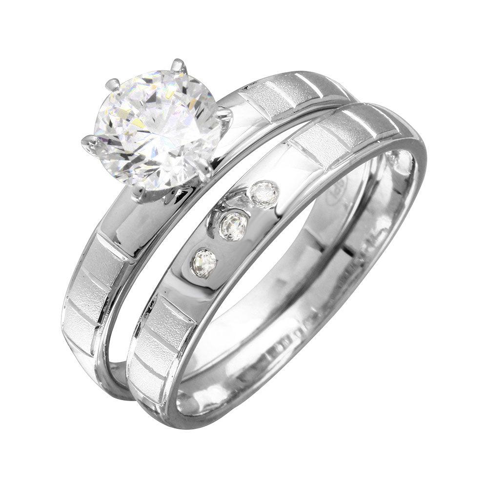 Rhodium Plated 925 Sterling Silver Line Shank Bridal Set Trios Ring Sizes 5-9