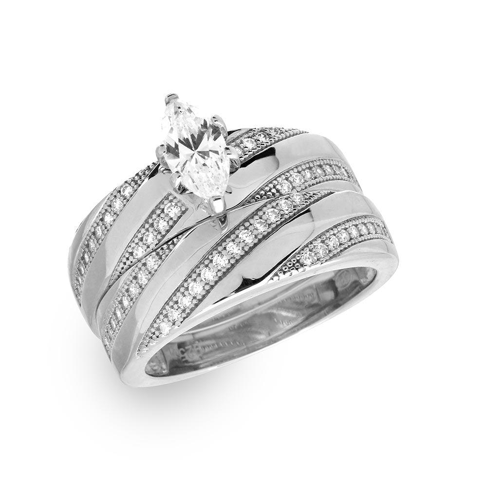Sterling Silver 925 Rhodium Plated Marquise Trio Bridal Ring Band Sizes 5-9