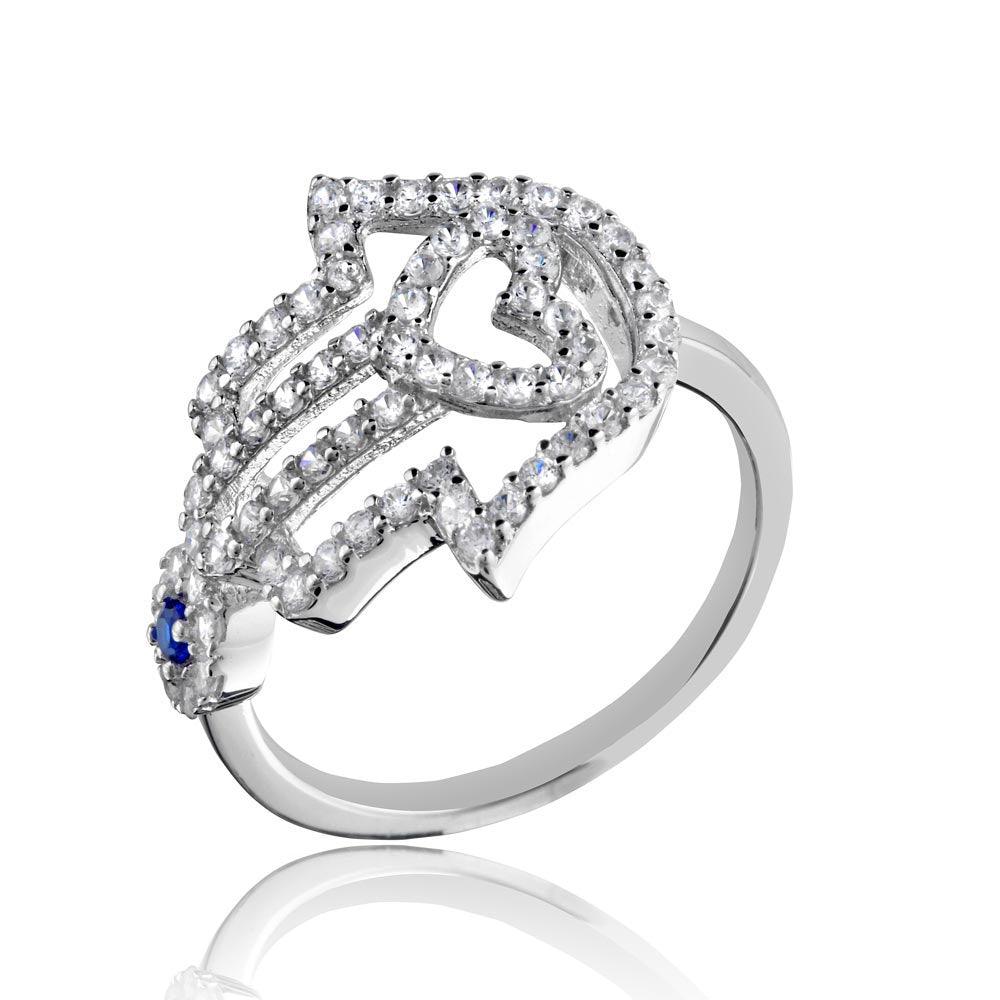 Rhodium Plated 925 Sterling Silver Heart Hamsa Evil Eye Clear CZ Band Sizes 5-9