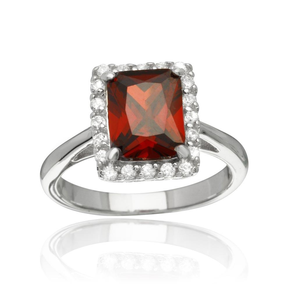 Rhodium Plated 925 Sterling Silver Square Red CZ Halo Ring Band Sizes 5-9