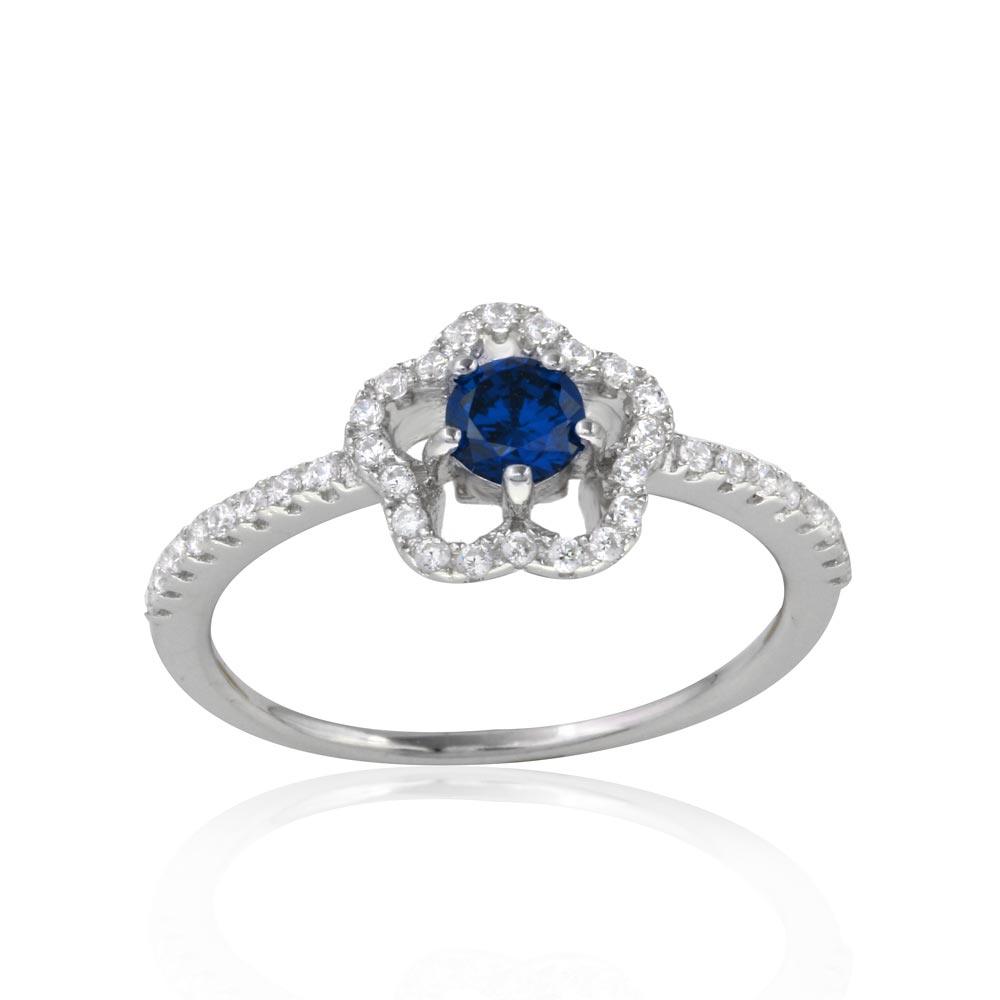 Rhodium Plated 925 Sterling Silver Flower Ring Blue & Clear CZ Band Sizes 5-9