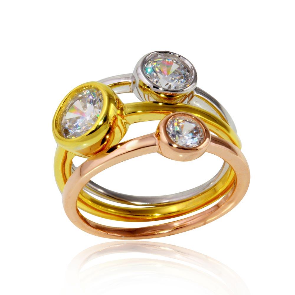 Three-Tone 925 Gold Plated Sterling Silver Stackable Trio CZ Ring Band Sizes 5-9