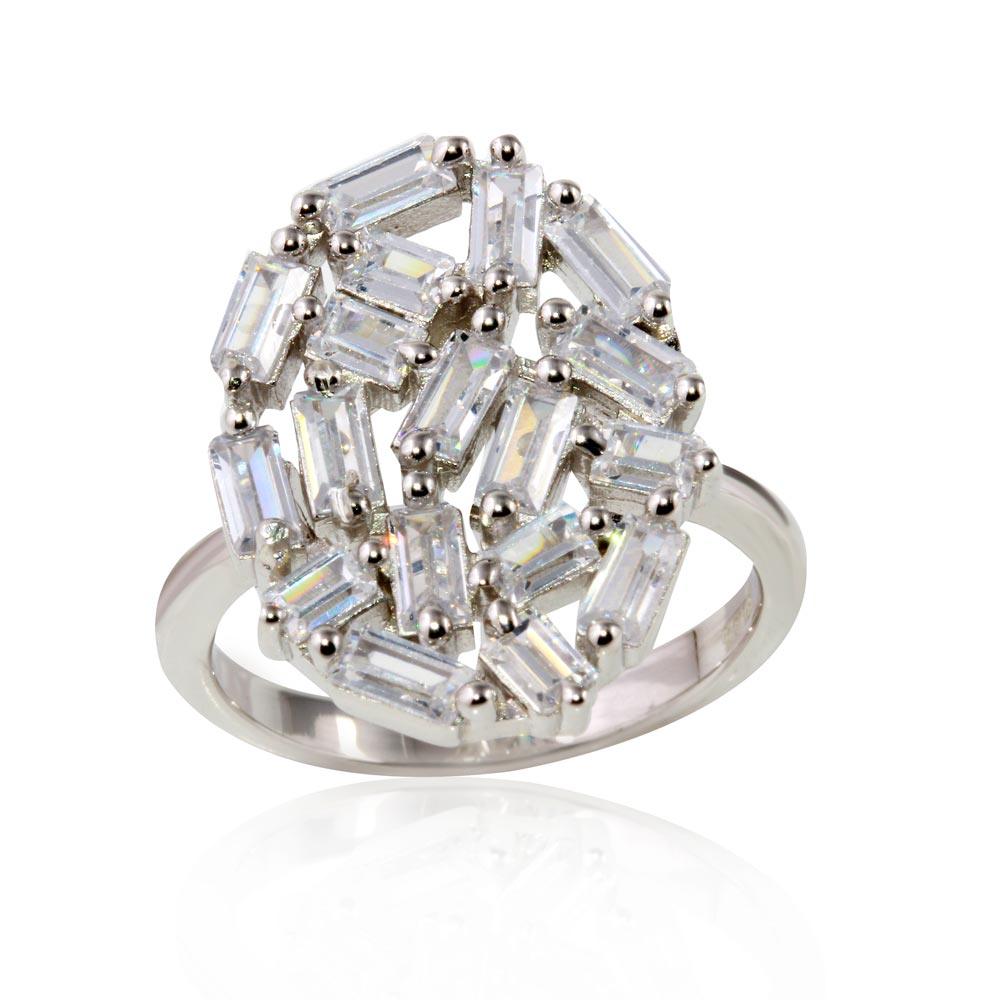 Rhodium Plated 925 Sterling Silver Oval Shape Ring Rectangle Clear CZ Sizes 5-9