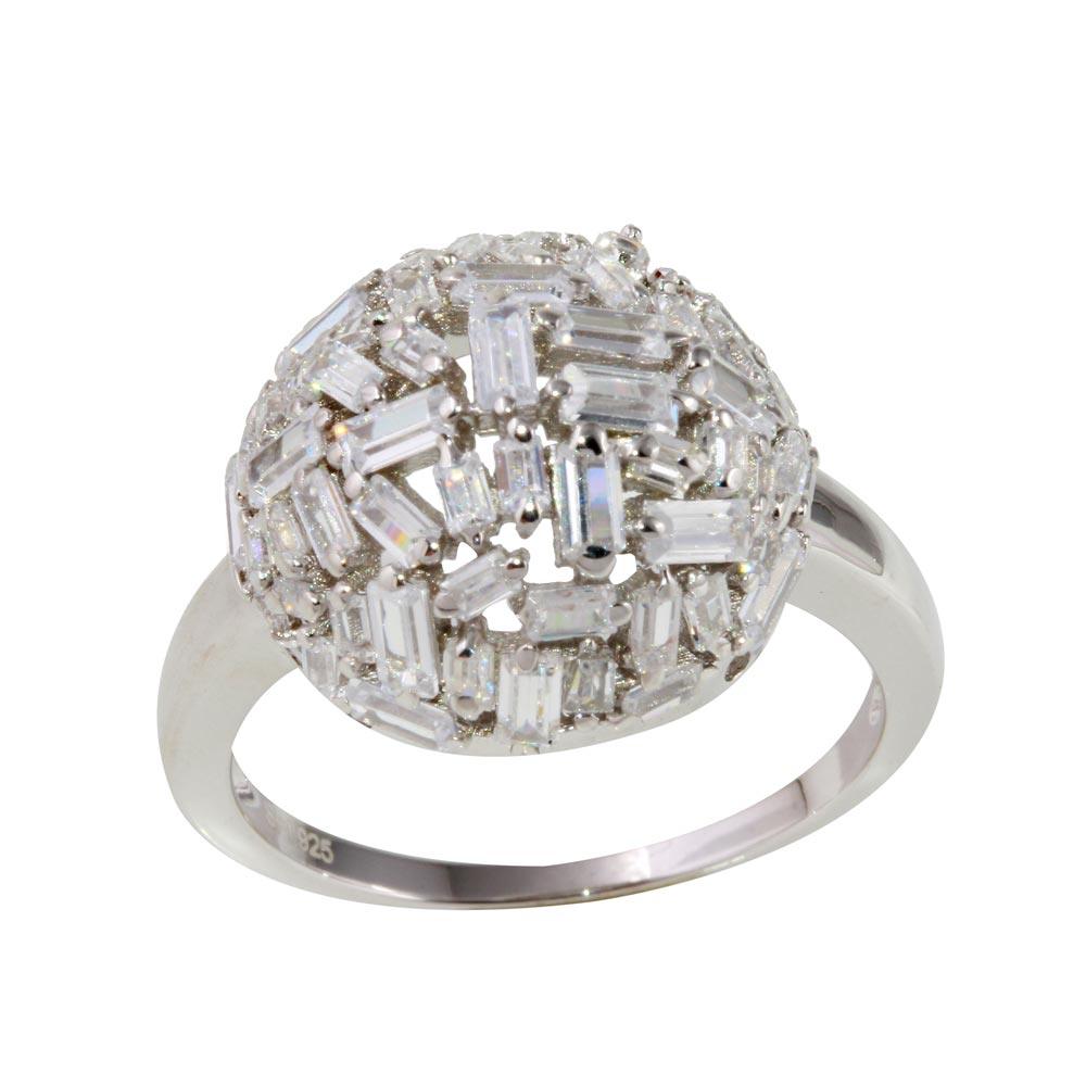 Rhodium Plated 925 Sterling Silver Half Sphere Ring Rectangle Clear CZ Sizes 5-9