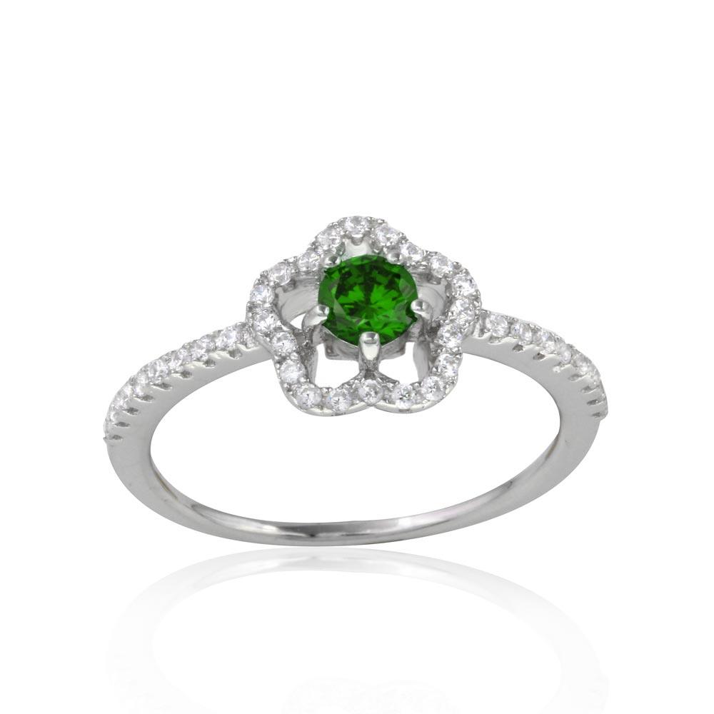 Rhodium Plated 925 Sterling Silver Clover Ring Green CZ Clear Round CZ Sizes 5-9