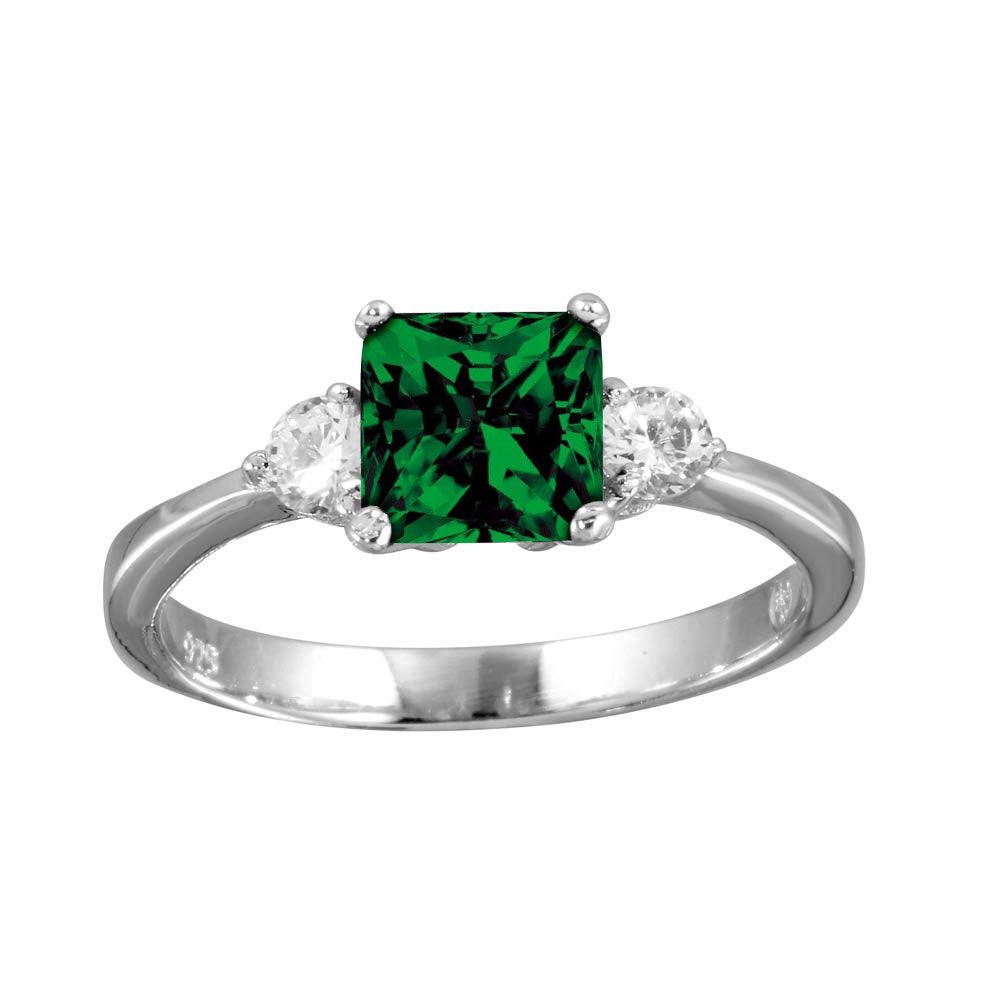 Rhodium Plated 925 Sterling Silver Green & Clear CZ High Polished Ring Sizes 5-9